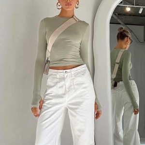 Autumn Fashion Polyester Spandex Crew Neck <b>Long</b> Sleeves Blank Tshirts Women Slim Fit Crop Top T-shirt - Product Image 4