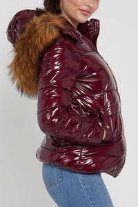 Top Quality Customized Logo <b>Burgundy</b> Elastic Waist Shiny <b>Puffer</b> <b>Jacket</b> With Fur On Hood North Winter Warm Outdoor Bubble <b>Jacket</b> - Product Image 4