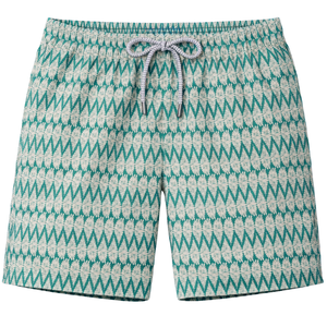 Shorts de bain recyclés pour hommes, motif tropical vert en zigzag, séchage rapide, avec taille élastique et poches à cordon - Product Image 1
