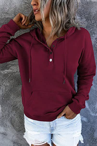 High Quality Women <b>Hoodies</b> <b>Long</b> <b>Sleeve</b> Button Pure Color Casual Hooded Drawstring Pocket Spring Tops <b>T</b>-<b>shirt</b> Casual <b>Hoodies</b> - Product Image 3