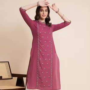 Vêtements pour femmes les plus vendus, en coton brodé de fleurs, texture douce, prix bas, tenue indienne, longueur genou, manches longues - Product Image 1