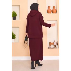 Burgundy Hooded Sweater and Two-Piece Dress <b>Set</b> with Breathable Hijab Detail Elegant and Comfortable Outfit - Product Image 6