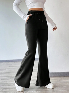 Wholesale <b>Womens</b> Black High-Waist Flared Pants Jogger Trousers High Waist Breathable Casual Winter Plain Dyed <b>Sweatpants</b> - Product Image 3