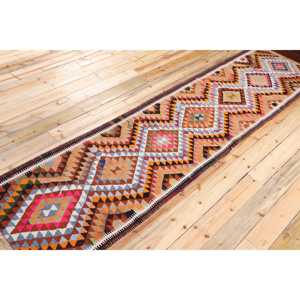 Alfombra Turca Vintage, Alfombra Kilim de 2,8x11,5 pies, Alfombra Abstracta Azul y Naranja - Product Image 2