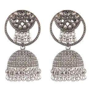 Pemasok perhiasan pengantin teroksidasi India kristal Foral kancing bulat anting pernikahan besar Jhumka Set perhiasan India untuk wanita