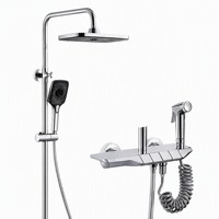 Système de douche mural STOCCO Chrome 4 fonctions à touches piano, avec pommeau de pluie en laiton et douchette à main