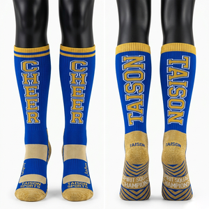 Premium 220GSM Cotton <b>Polyester</b> Blend Women Cheer Leading <b>Socks</b> Blue Gold Knit Panels Custom Jacquard Logo Comfort Fit men <b>socks</b> - Product Image 1