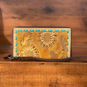Portefeuille Western en cuir repoussé fait à la main vente chaude 100% portefeuille en cuir véritable Floral point à la main pochette personnalisée en peau de vache - Product Image 3