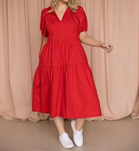 Robe d'été vintage décontractée rouge vif, longueur mi-mollet, 100 % coton, coupe trapèze, collection 2026, fabricant de vêtements américains et européens - Product Image 4