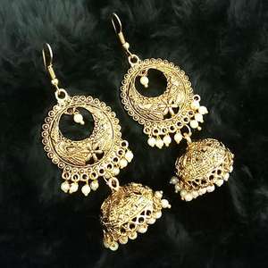 Tip Top <b>Fashions</b> Antique Gold Plated Jhumki <b>Drop</b> <b>Earrings</b> White Beads-1313509 - Product Image 1