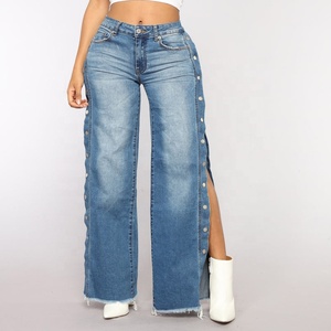 Jeans de Mezclilla de Cintura Alta y Pierna Ancha para Mujer, con Abertura Lateral y Detalle de Botones, Acabado Desgastado, Estilo Casual, Pantalones Largos - Product Image 3