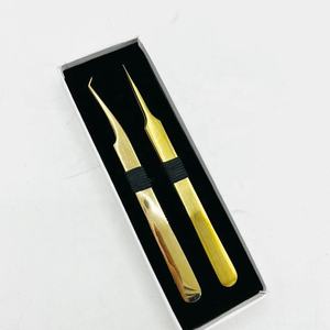 Juego de pinzas de extensión de pestañas de volumen Premium con logotipo personalizado sólido de acero inoxidable recto y dorado de plasma de 45 grados - Product Image 5
