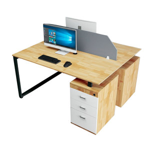 Escritorio de 2 plazas contemporáneo/minimalista con gabinete (140x120cm) - Tablero de madera de caucho y patas de acero - Product Image 1