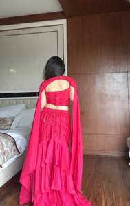 Exclusive french crape designer lehenga set with sweetheart embroidered blouse layered floral ruffle skirt and <b>cape</b> dupatta - Product Image 4