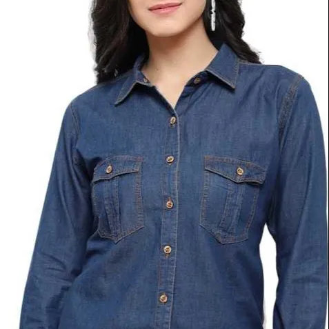 Camicie da donna camicia di jeans con tasche a doppio busto camicia da donna con bottoni in cotone con chiusura superiore per donna Sws-ws-556