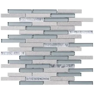 Dosseret de carreaux de mosaïque en pierre de marbre gris cendrillon avec accessoires de carreaux de verre à insertion d'argent métallique - Product Image 1