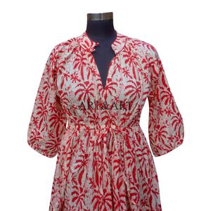 Robe midi de carrière en tricot 100% coton pour femmes, style bohème vintage, imprimé floral, manches longues, col en V, manches bouffantes, silhouette en A - Product Image 3