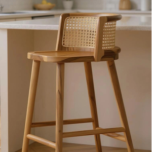 Taburete de Bar Moderno de Madera de Teca con Respaldo de Ratán. Silla Alta Minimalista para Cocina/Cafetería - Product Image 6