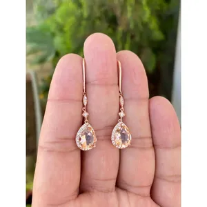 Boucles d'oreilles pendantes en argent 925 plaqué or, forme goutte d'eau, avec morganite, rubis, diamant et perle, pour mariage - Product Image 2