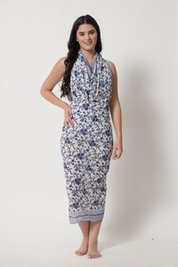 Blue Cotton Sarong Beach Wrap with Buckle/<b>Clip</b> Silk Screen Printed Pareo Dress Summer Swimwear Cover-Up for Women Long Scarf - Product Image 6