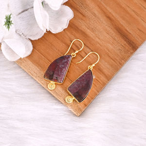 Boucles d'oreilles bohèmes en laiton plaqué or avec pierre précieuse jaspe océan, bijoux fantaisie faits à la main, boucles d'oreilles en laiton de haute qualité, commande en gros - Product Image 3