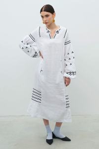 Robe décontractée brodée de fleurs pour femmes 100% coton boutonné longueur au genou avec manches longues taille naturelle tissée - Product Image 4