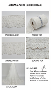 Dentelle blanche à sequins brodée de fleurs 3D, bordure de tissu de luxe pour robe de mariée, confection de vêtements de créateur, écologique - Product Image 6