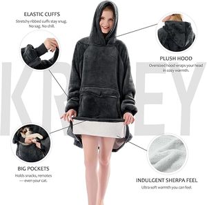 Poncho con Capucha de Forro Polar para Mujer, Talla Grande, Impermeable, con Bolsillo Grande, Suave y Cálido, Color Negro, con Logotipo Personalizado, MOQ Bajo - Product Image 5