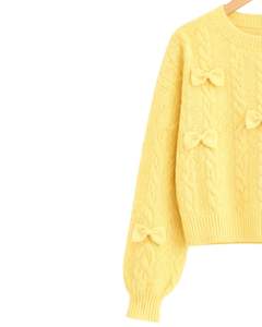 Menufecture Customized <b>Women</b> Pastel <b>Yellow</b> Cable Knit Sweater With Bow Applique Long Sleeve Round Neck Cute Winter Fashion <b>Top</b> - Product Image 3
