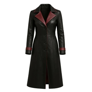 Abrigo Largo de Cuero Genuino para Mujer, Chaqueta Moderna Hecha a Mano, Negra, Corte Entallado, Forro de Cachemira, Bordado, Cuello Desmontable - Product Image 3