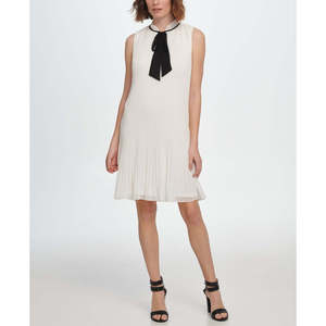 Abito tubino bianco comodo da donna DKNY, taglia 4, senza maniche, con collo annodabile e pieghettato, in chiffon - Product Image 1