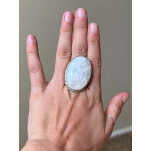 Oval Cut Moonstone & Sterling Silver Statement <b>Ring</b> Rhodium Plated Size 10 - Product Image 2