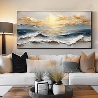 Peinture à l'huile Vague Océanique sur Toile Texturée, Grand Paysage Coucher de Soleil Doré en Bord de Mer avec Lac et Montagnes, Décoration Murale pour Chambre
