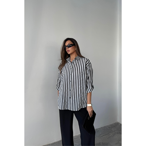 เสื้อเชิ้ตผ้าลินินลายทางสำหรับผู้หญิงสีดำ-เสื้อเบลาส์ที่ดูหรูหราและมีสไตล์ - Product Image 3