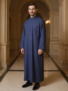 เสื้อผ้าอิสลามชาย thawb jubba สำหรับผู้ชายมุสลิมสีทึบแขนยาวสไตล์อาหรับ - Product Image 3