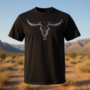 T-shirt Western Boho avec crâne de vache, noir, col rond, unisexe, manches courtes, adulte, promotionnel - Product Image 3