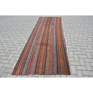 Kilim Vintage Rug, 3.6x9.4 ft Turkish Rug, <b>Red</b> Ikat <b>Wool</b> Rug - Product Image 1