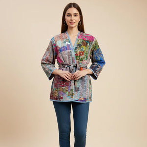 Kimono Kantha Stone Wash <b>Jacket</b> Handmade Indian Floral <b>Pattern</b> Robe <b>Quilted</b> and Breathable Coat Autumn Winter - Product Image 5