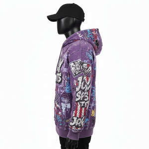 Sweat à capuche zippé en molleton de coton doux de qualité supérieure 320GSM, violet, design graphique, logo personnalisé, streetwear, look délavé - Product Image 3