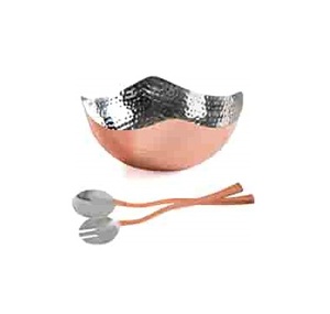 Ensemble de bols à salade en acier inoxydable et cuivre, avec cuillère de service, martelés - Product Image 1