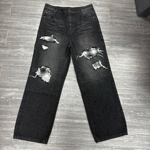 Pantalon en jean baggy personnalisé de haute qualité pour <span class=keywords><strong>homme</strong></span>, blanc et noir, taille mi-haute, coupe droite, avec liseré brut - Product Image 4