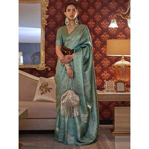 Magnifique robe de festival en soie tissée avec des fils turquoise, sari avec chemisier - Product Image 3