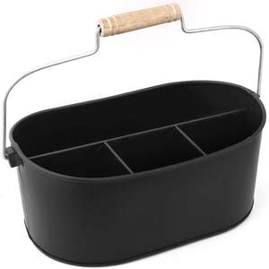 Farmhouse-Style Galvanized Iron Serving <b>Caddy</b> <b>Wooden</b> Handle Rustic Tabletop Organizer Featuring Oval Compartments for Cutlery. - Product Image 3