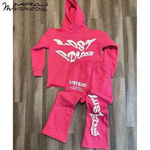 Ensemble de survêtement en coton deux pièces personnalisé pour hommes, sweat à capuche évasé respirant, pantalon de survêtement, broderie imprimée, motif uni, automne - Product Image 5