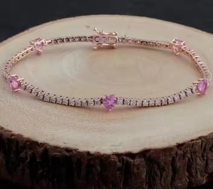 Bracelet de mariage minimaliste avec saphir rose coeur et diamant taillé Cadeau en or rose 18 carats - Product Image 2
