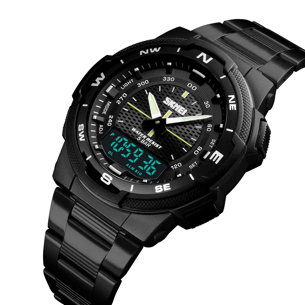SKMEI 1370 High Quality Stainless Steel Waterproof Men's Wrist Watch Big Dial Dual Time Digital Sport Watches