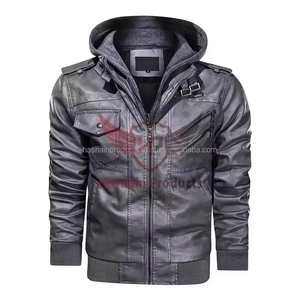 Veste en cuir véritable élégante de haute qualité pour hommes manteau d'hiver à la mode avec capuche détachable pour l'automne et la moto - Product Image 1