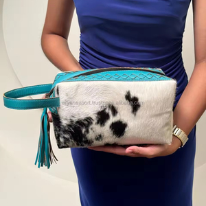 New Arrival Cowhide Leather Stylish <b>Makeup</b> Cosmetic <b>Storage</b> Box Turquoise Color Jewelry Pouch Vanity Bathroom Organizer Box - Product Image 2