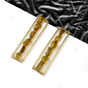 Citrine Gemstone <b>Long</b> Length <b>Earrings</b> Raw Stone Brass Handmade Screw Back <b>Earrings</b> For Women 925 Silver - Product Image 5