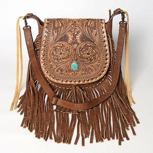 Sac à main pour femme de style bohème personnalisé de luxe, automne, qualité supérieure, cuir véritable, décoration de fleurs en pompon, sculpture artisanale - Product Image 3